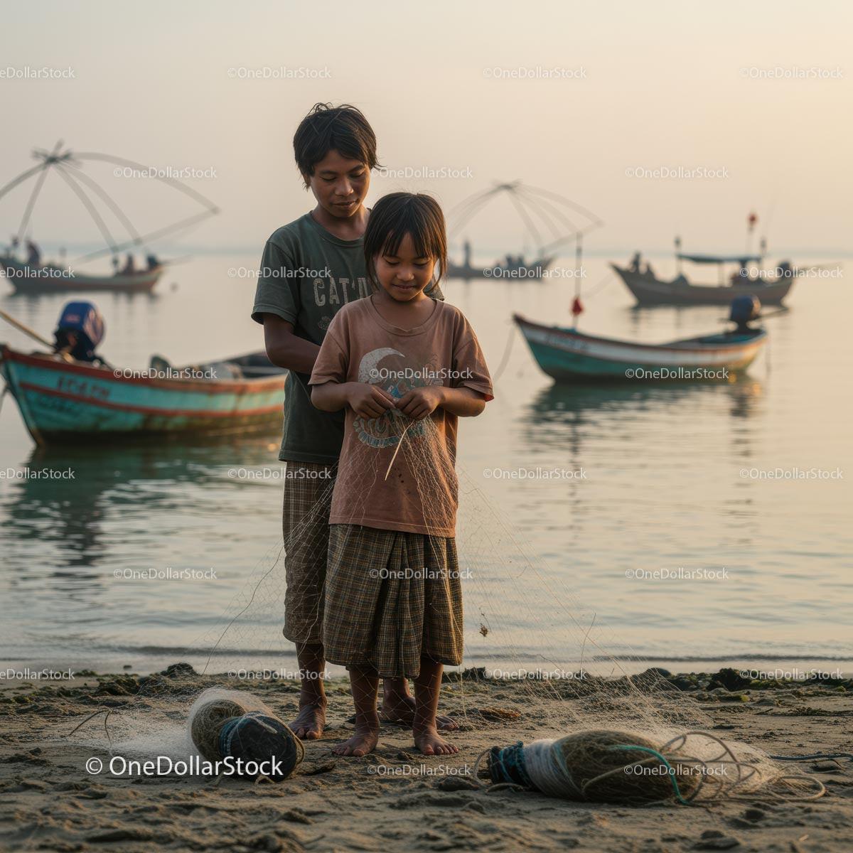 Children Preparing Fishing Nets on a Tranquil Beach