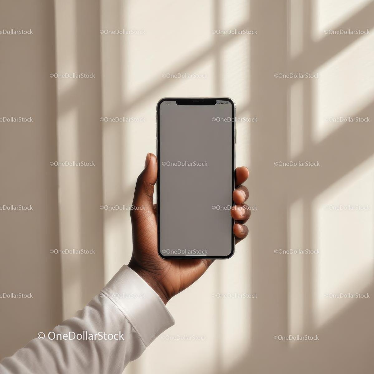 Hand Holding Smartphone in Minimalistic Setting JPG Mockup Image preview