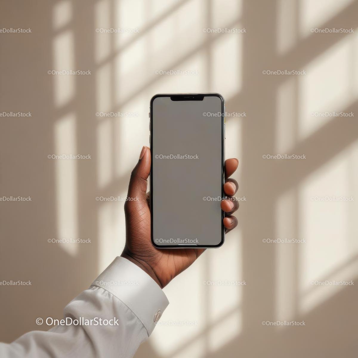 Holding Smartphone Against Sunlit Beige Background JPG Mockup Image preview