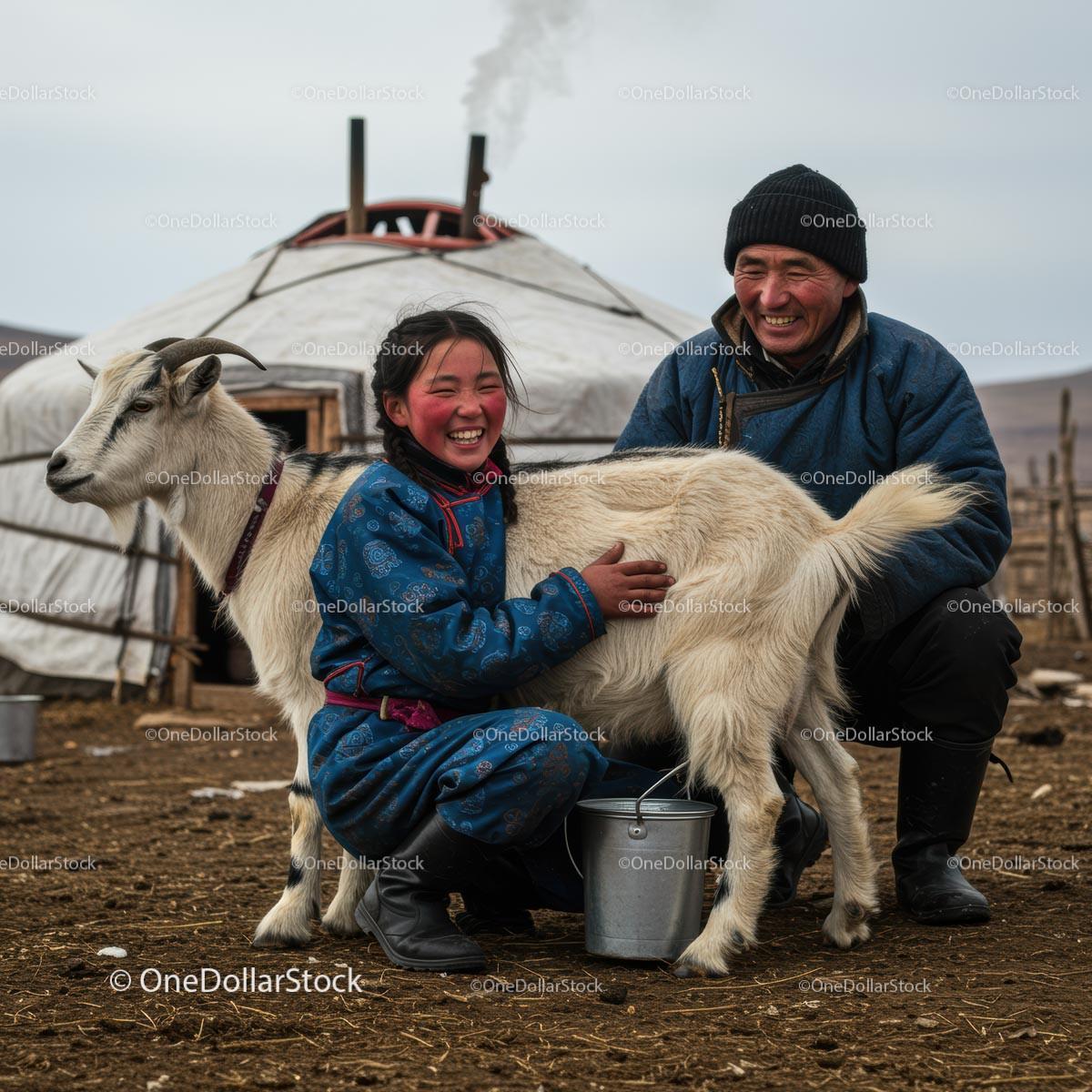 Happy Nomadic Family with Goat in Mongolian Countryside