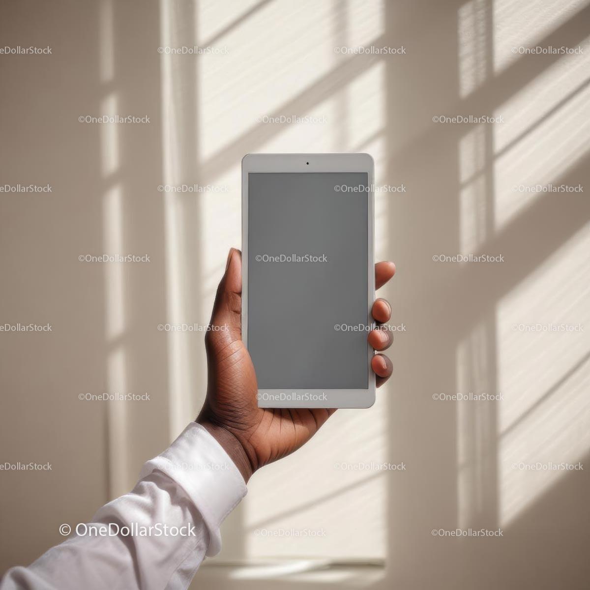 Hand Holding Tablet Against Soft Window Light JPG Mockup Image preview