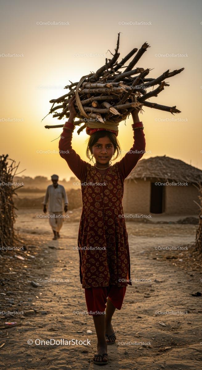 Young Girl Carrying Firewood at Sunset in Rural Village