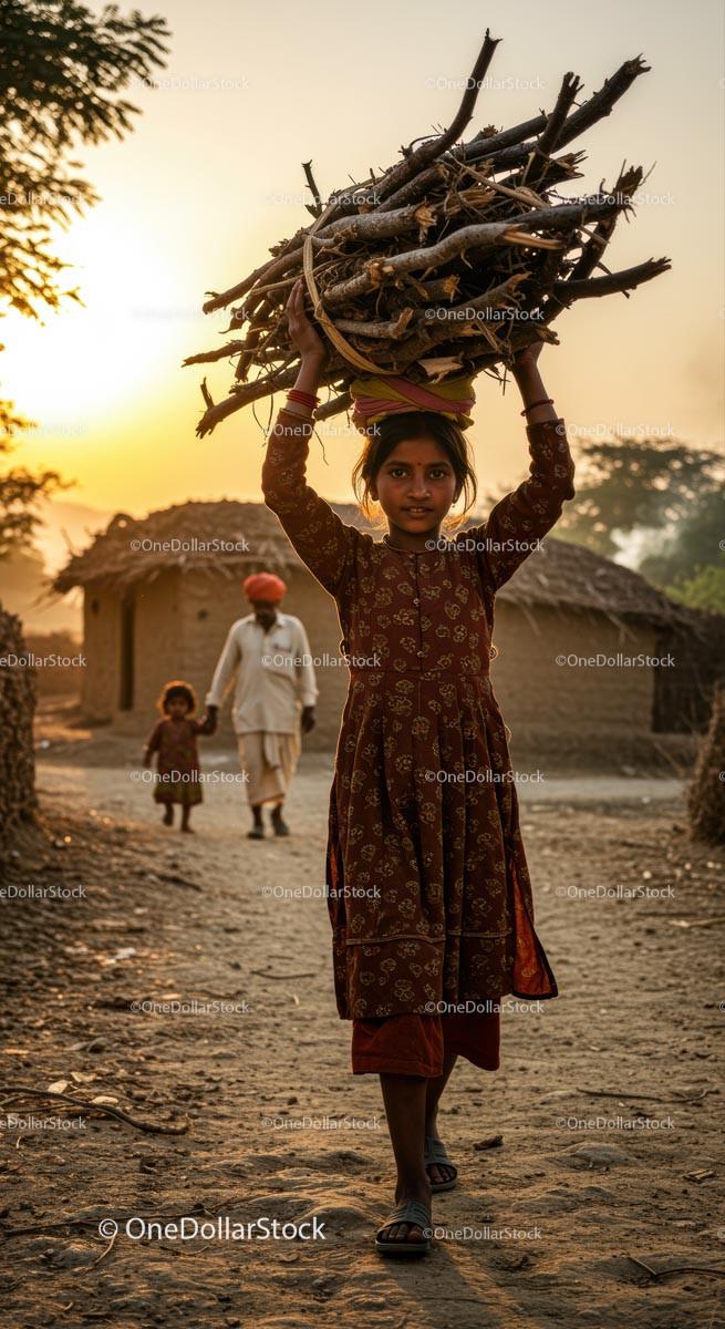 Young Girl Carrying Firewood in Rural Village at Sunset