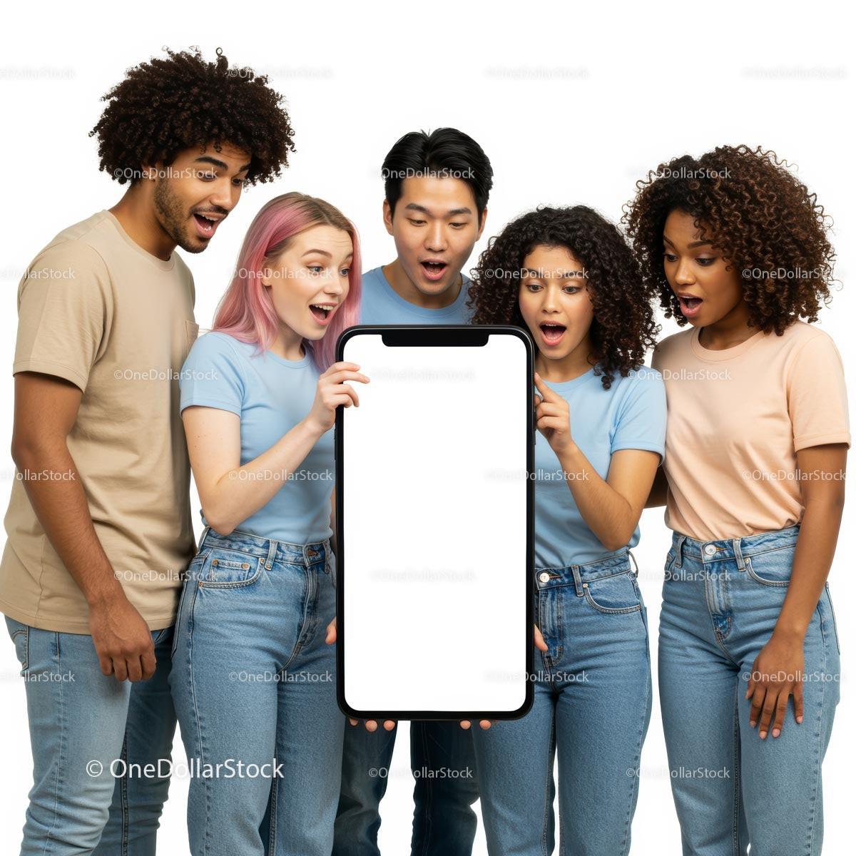Diverse Friends Admiring a Giant Smartphone Display JPG Mockup Image preview