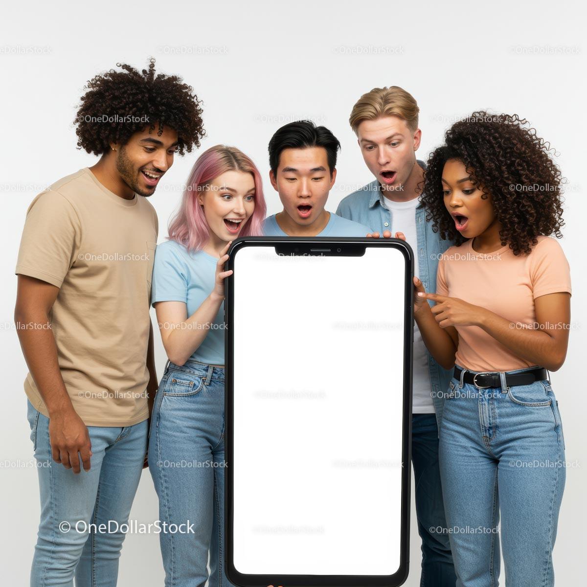 Diverse Group Excited About Large Smartphone Display JPG Mockup Image preview
