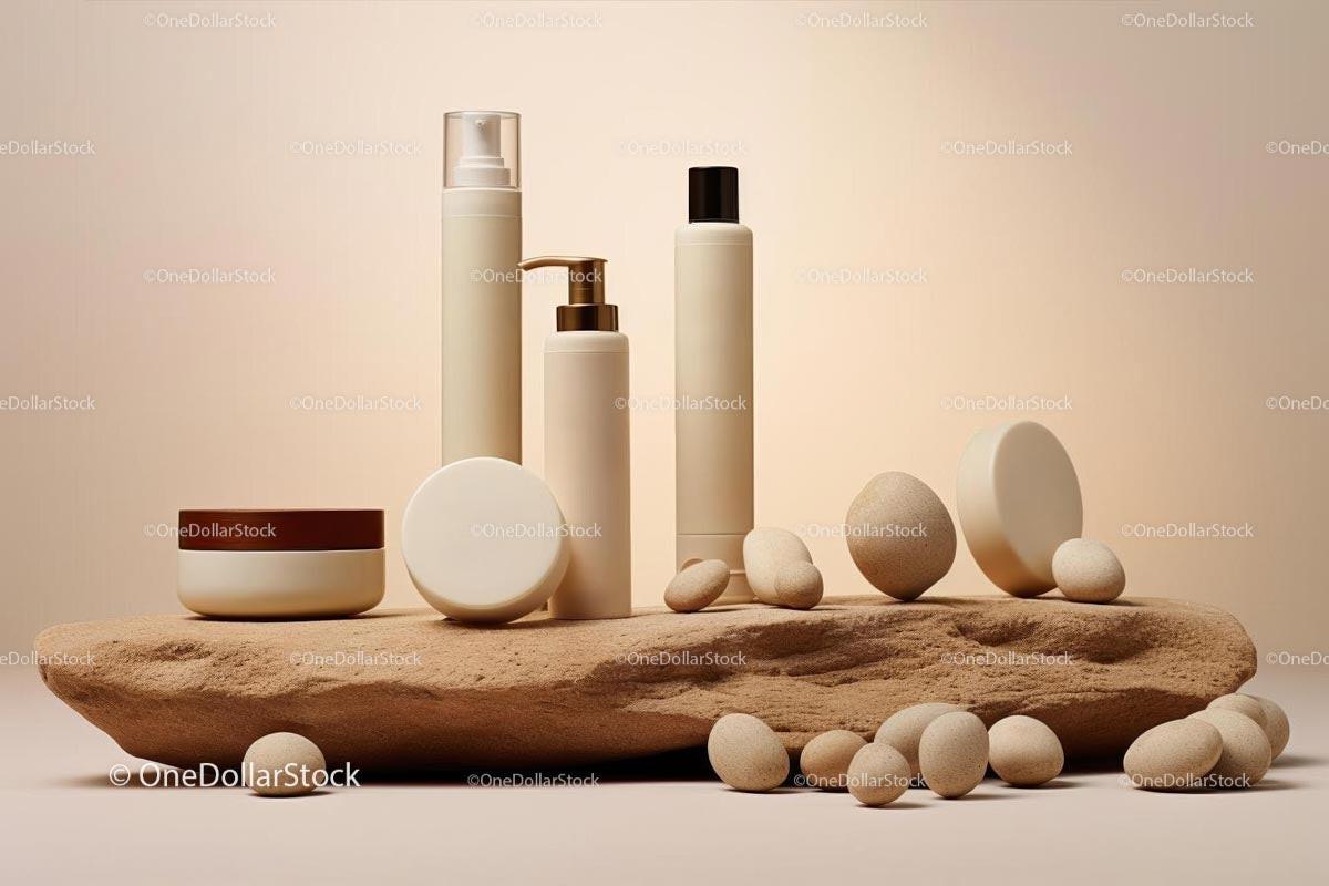 Elegant Skincare Products on Stone for Spa and Relaxation JPG Mockup Image preview