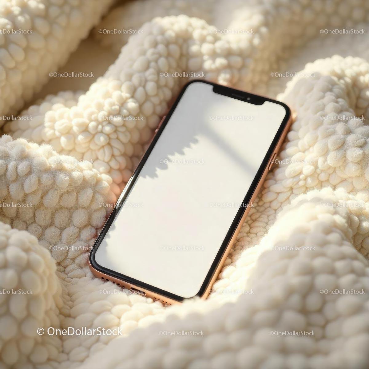 Smartphone with Blank Screen on Cozy Textured Blanket JPG Mockup Image preview