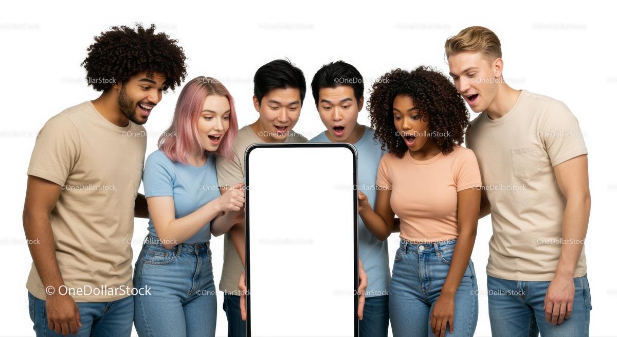 Excited Group Viewing Smartphone with Blank Screen JPG Mockup Image preview