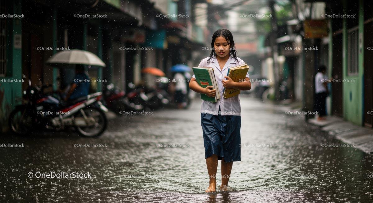 Schoolgirl Walking Through Flooded Urban Street in Rain