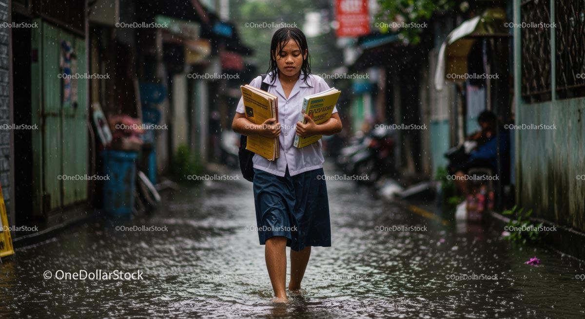 Determined Schoolgirl Walks Through Flooded Street in Rain