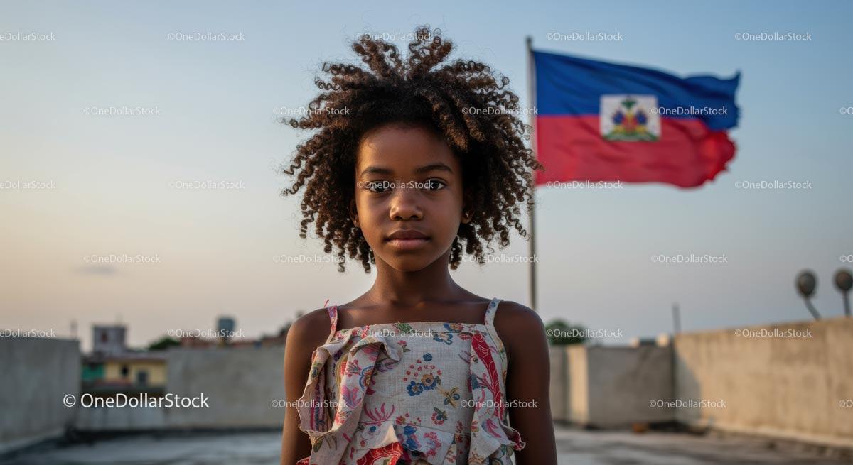 Young Girl with Curly Hair and Haitian Flag in the Background
