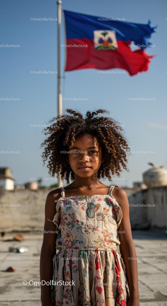 Young Girl in Floral Dress with Haitian Flag