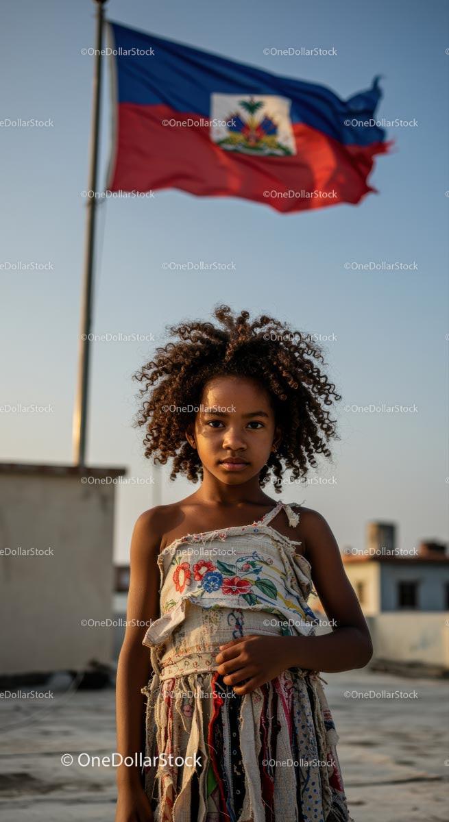 Young Girl in Colorful Dress with Haitian Flag Backdrop