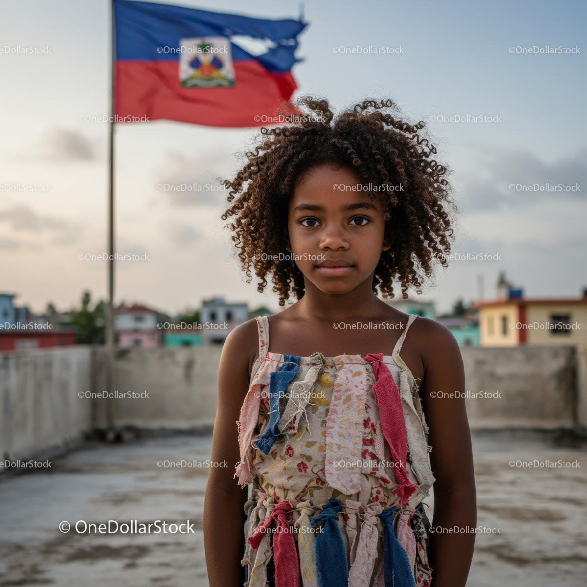 Young Girl with Curly Hair and Haitian Flag at Sunset