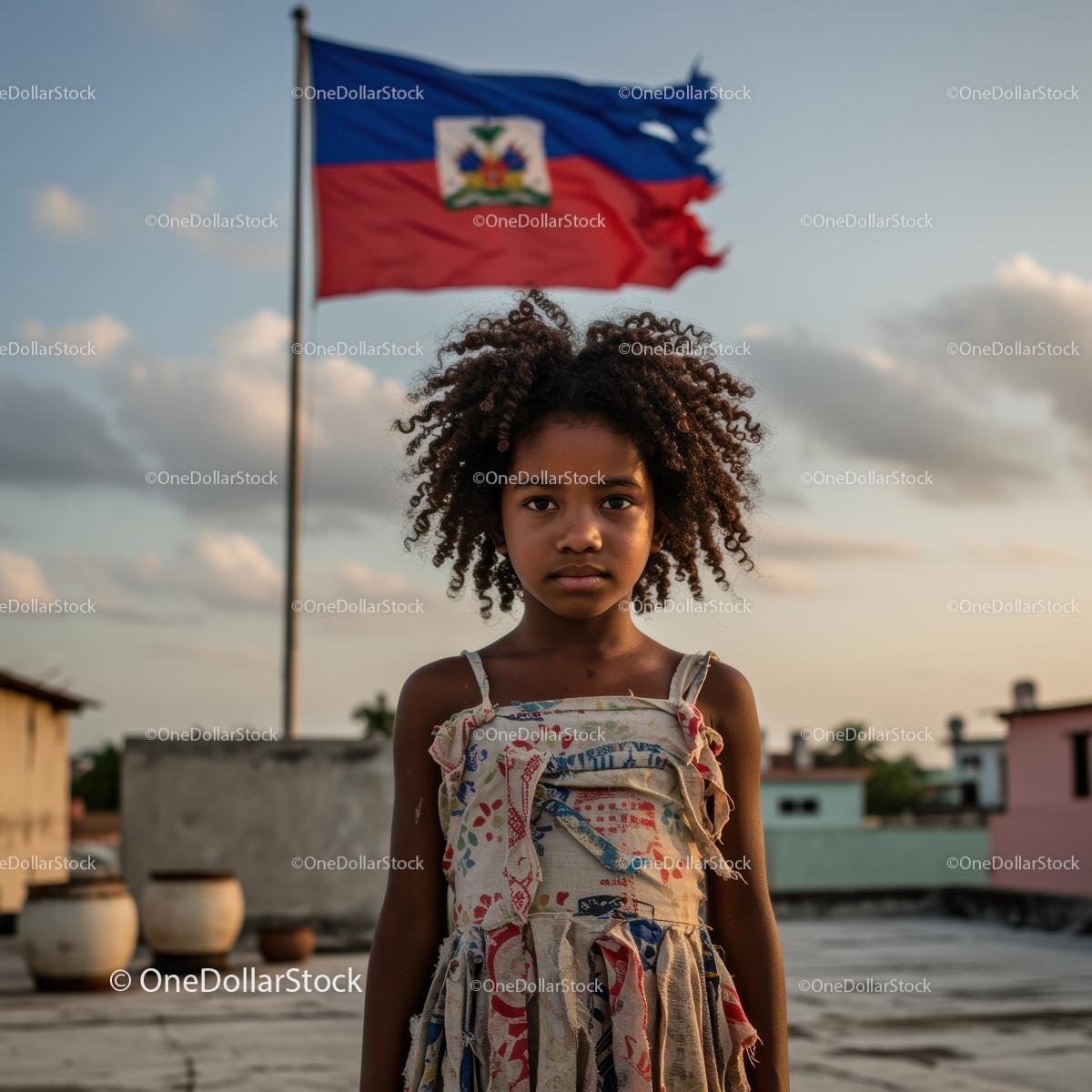 Young Girl Standing in Front of Haitian Flag at Sunset
