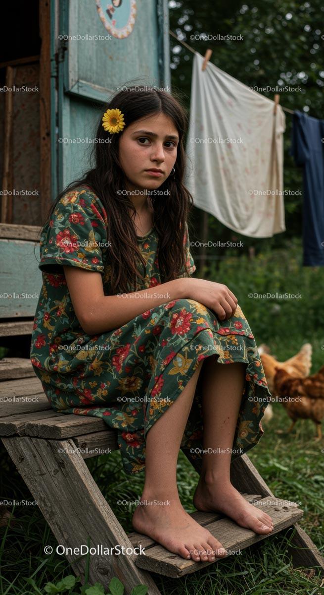 Thoughtful Girl in Floral Dress Sitting Outdoors