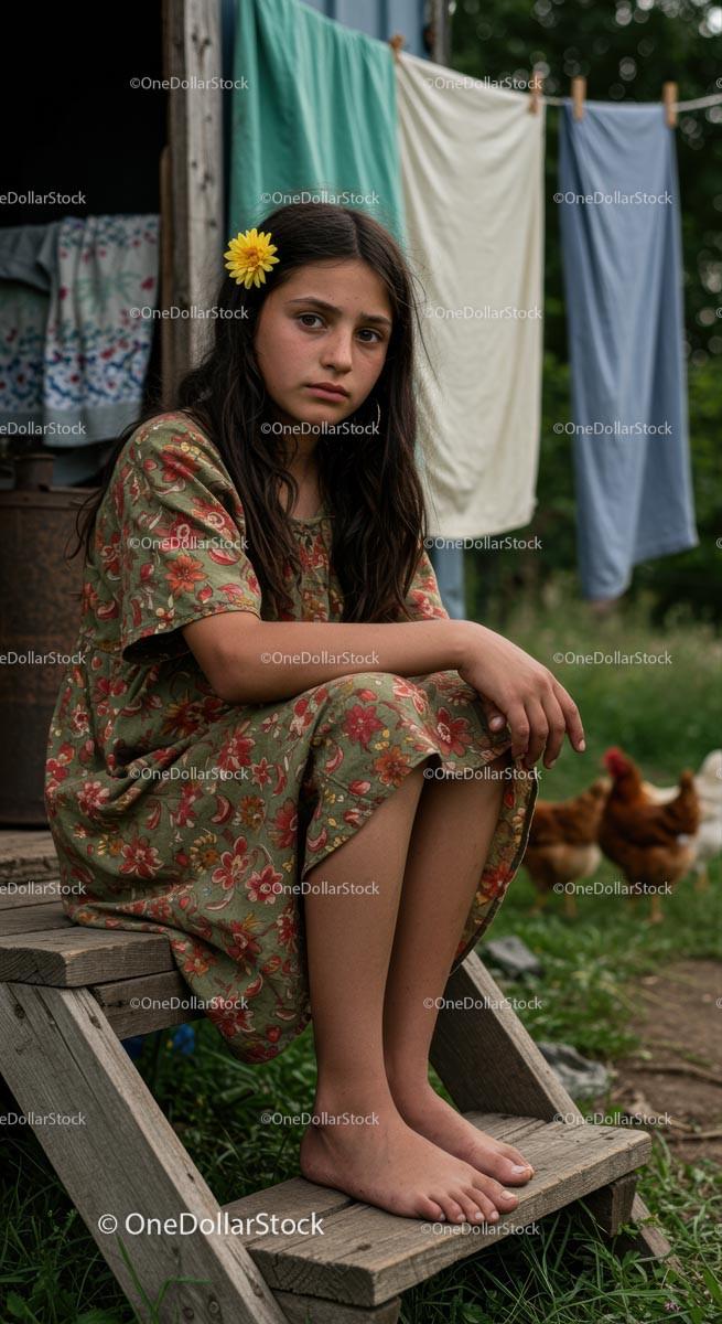 Contemplative Girl in Floral Dress with Chickens