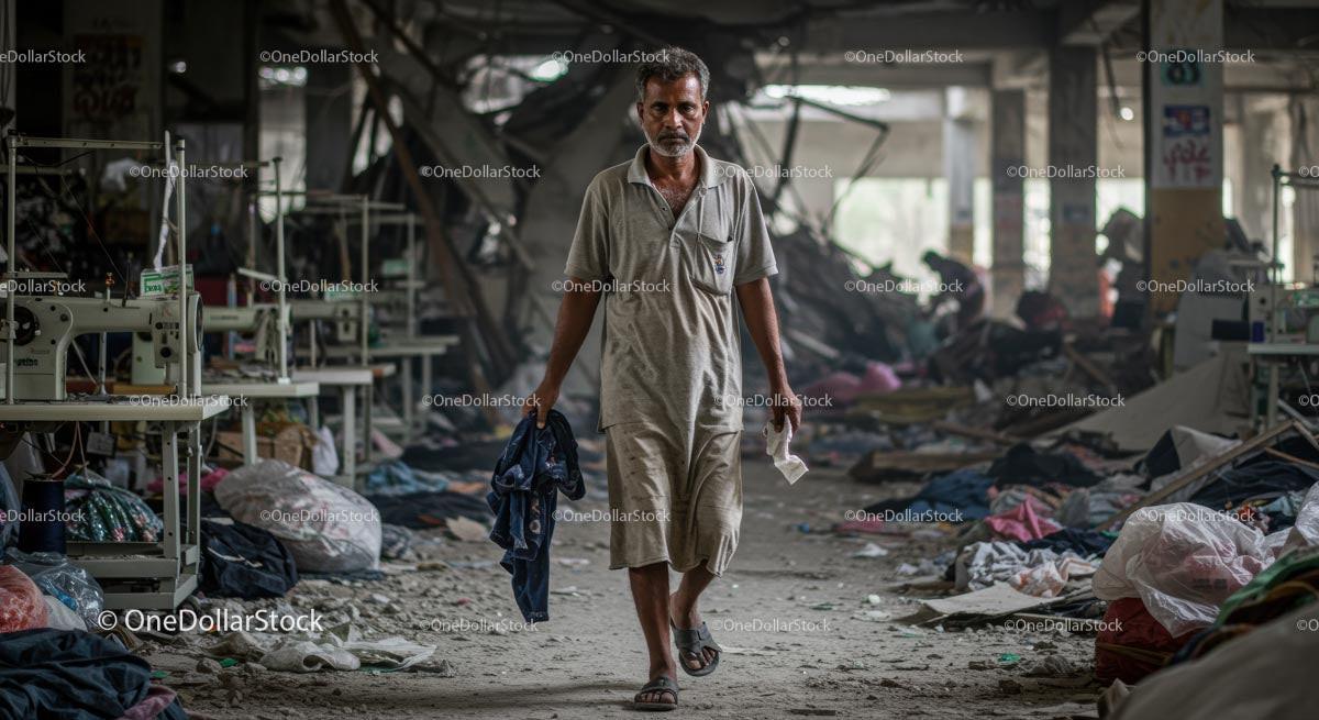 Worker Walking Through Abandoned Textile Factory