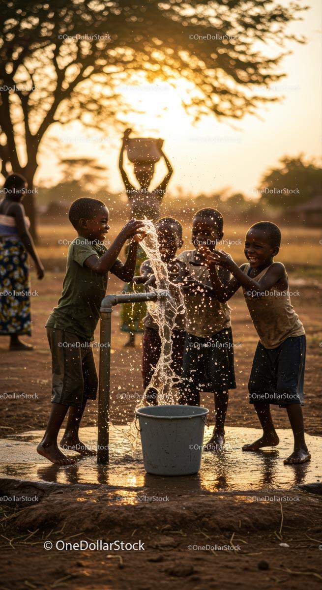 Children Playing at Water Pump in African Village at Sunset