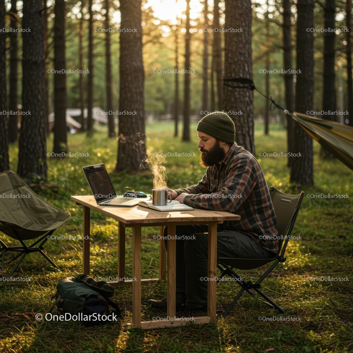 Freelancer Working Remotely in a Forest Setting
