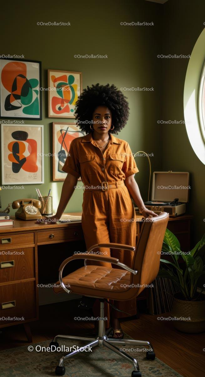 Woman in Retro Office with Afro Hairstyle and Orange Jumpsuit