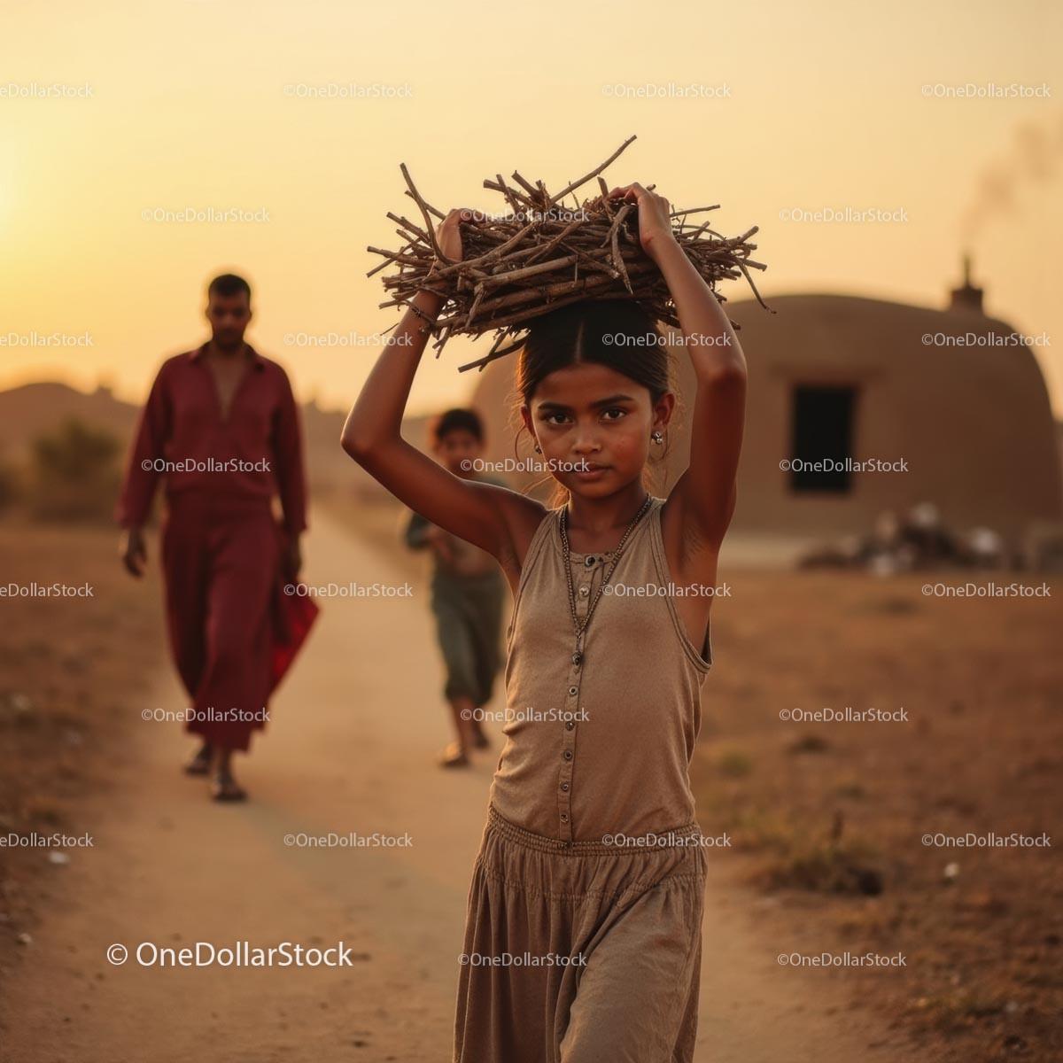 Girl Carrying Firewood in Rural Village at Sunset