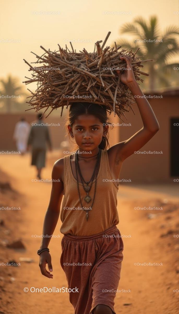 Young Girl Carrying Sticks in a Rural Village Setting