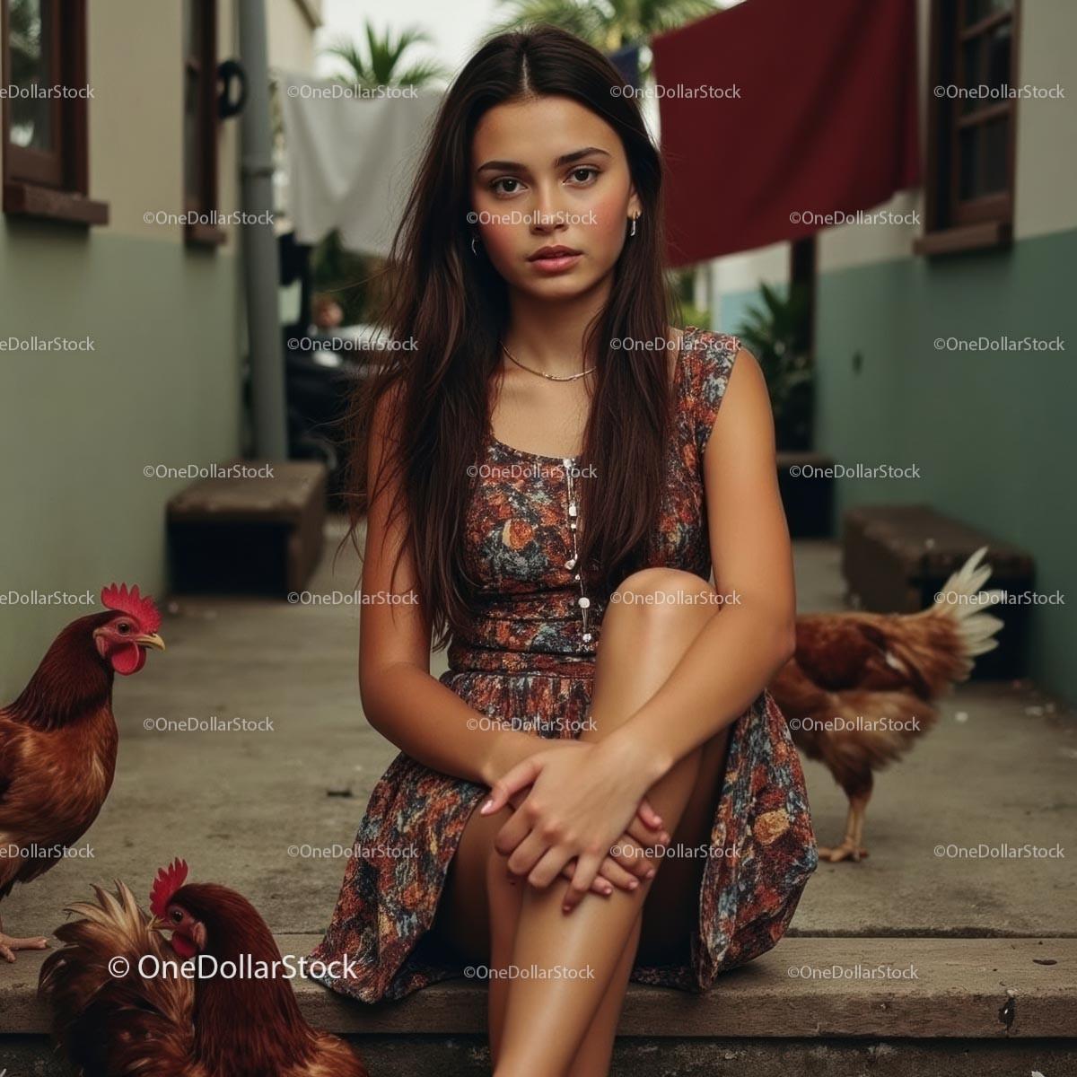 Young Woman in Brown Dress Sitting with Chickens in Backyard