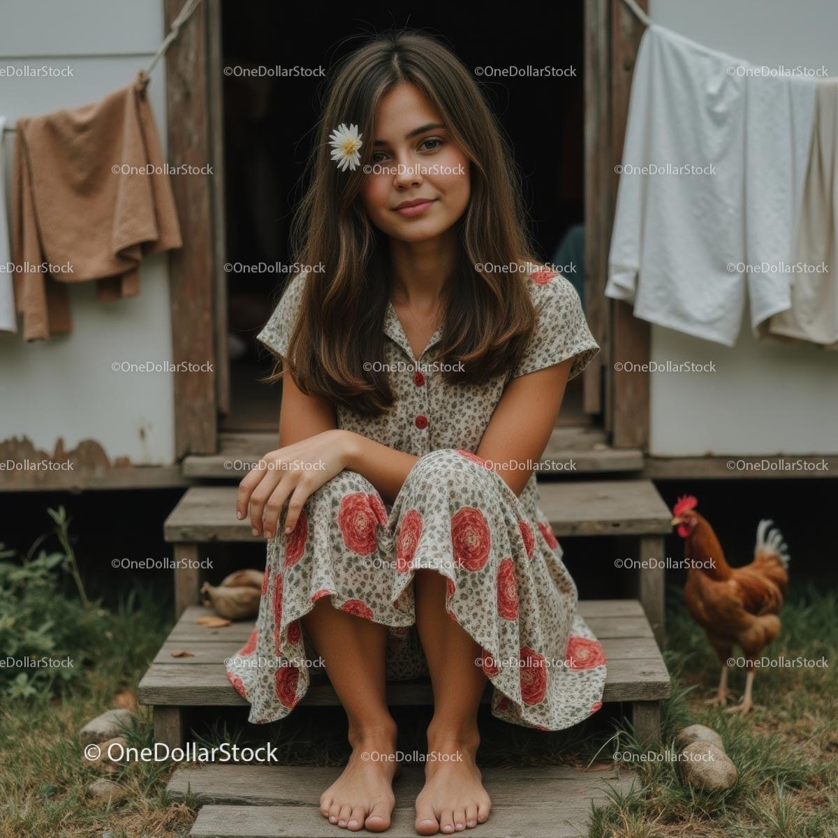 Young Woman in Floral Dress Sitting on Rustic Steps