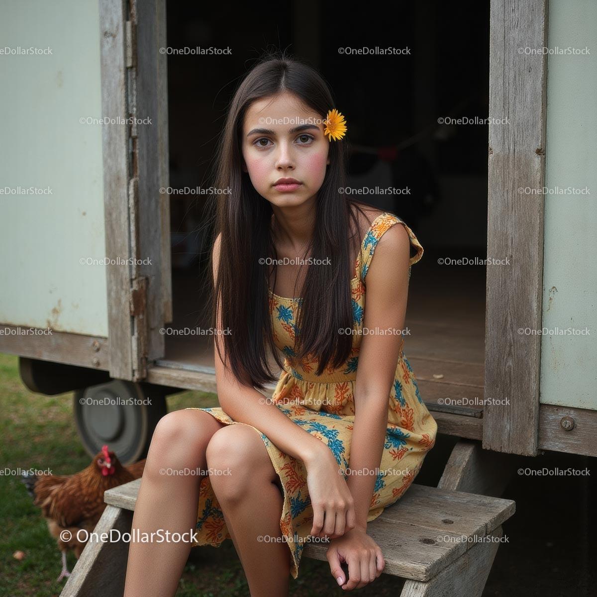 Young Woman in Floral Dress with Sunflower Hair Clip
