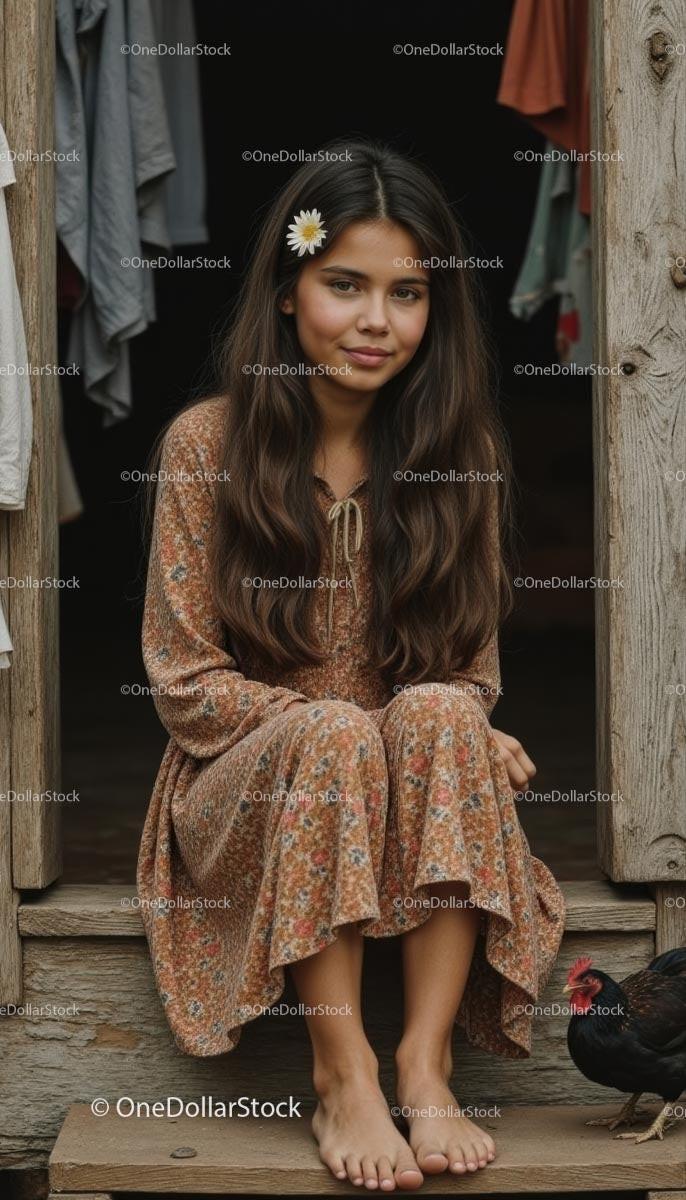 Young Woman in Floral Dress with Daisy Sitting on Wooden Steps