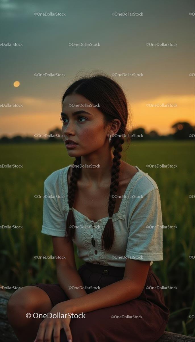 Young Woman with Braided Hair at Sunset in Countryside