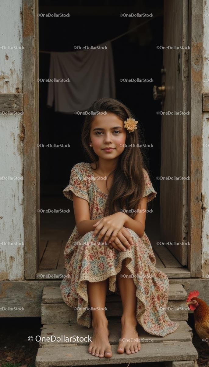 Young Girl in Floral Dress on Rustic Wooden Porch