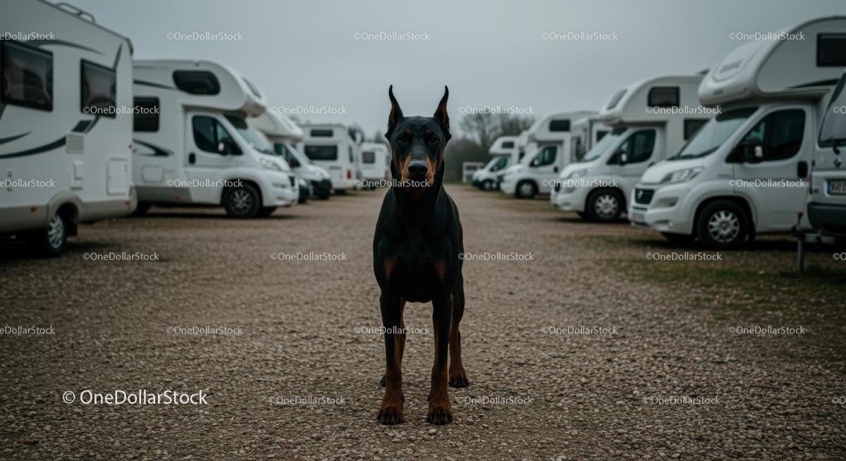 Majestic Doberman Guarding a Row of Motorhomes