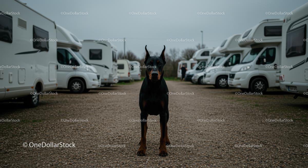 Doberman in Camper Van Parking Lot