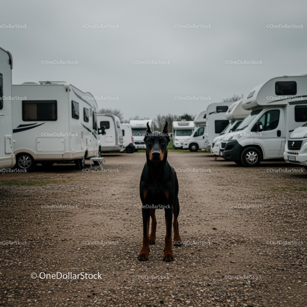 Doberman Guarding Motorhomes at Campsite