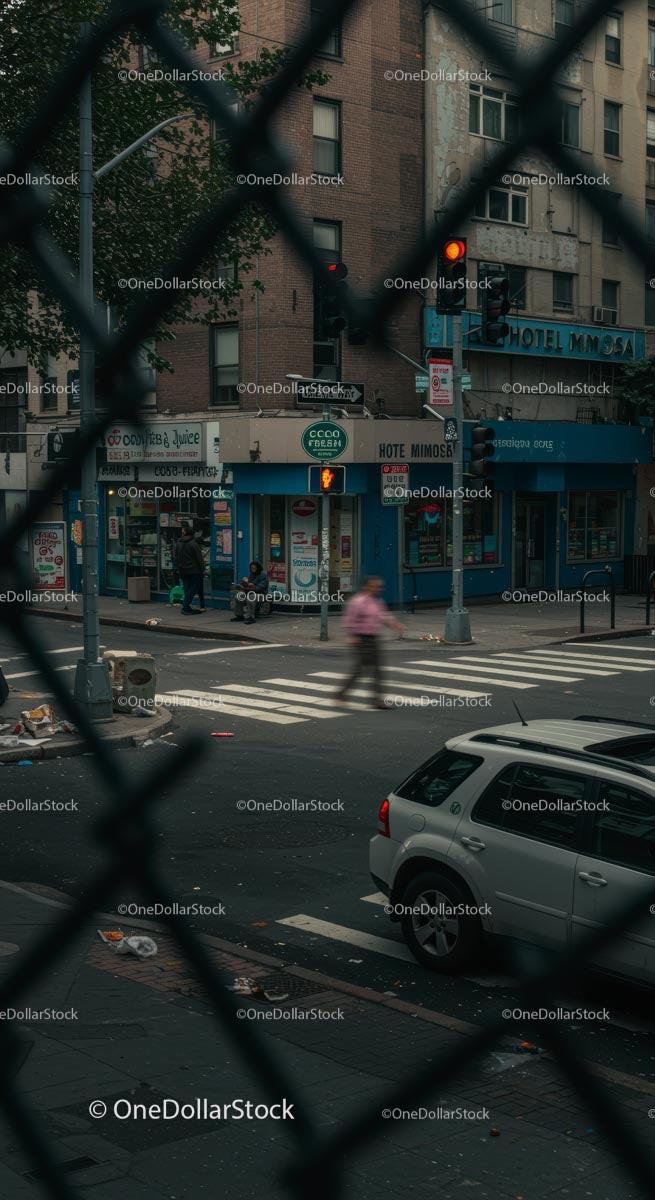 Urban Street Scene with Blurred Pedestrian at Crosswalk