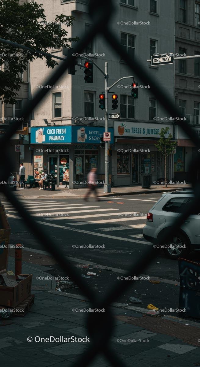 Urban City Street with Crosswalk and Traffic Lights