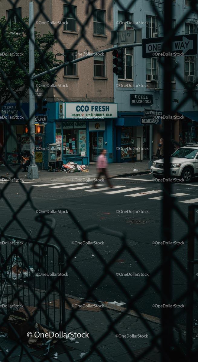 City Street with Chain Link Fence and Pedestrian