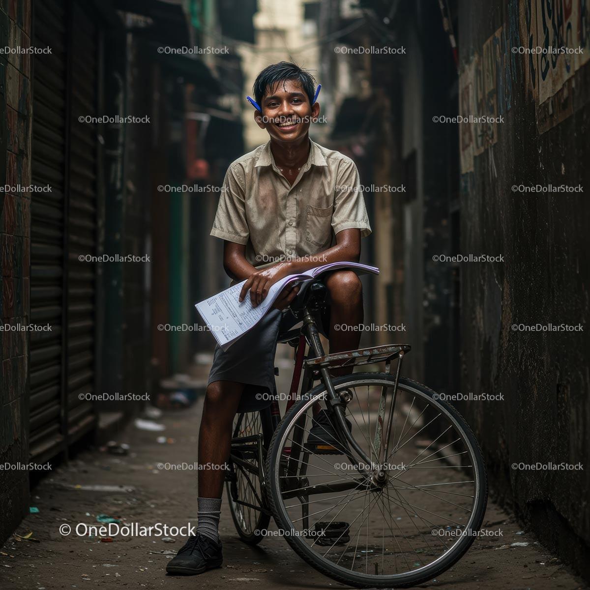 Young Student Smiling on Bicycle in Urban Alley
