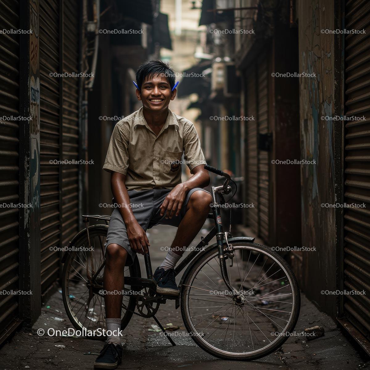 Smiling Boy on Vintage Bicycle in Urban Alleyway