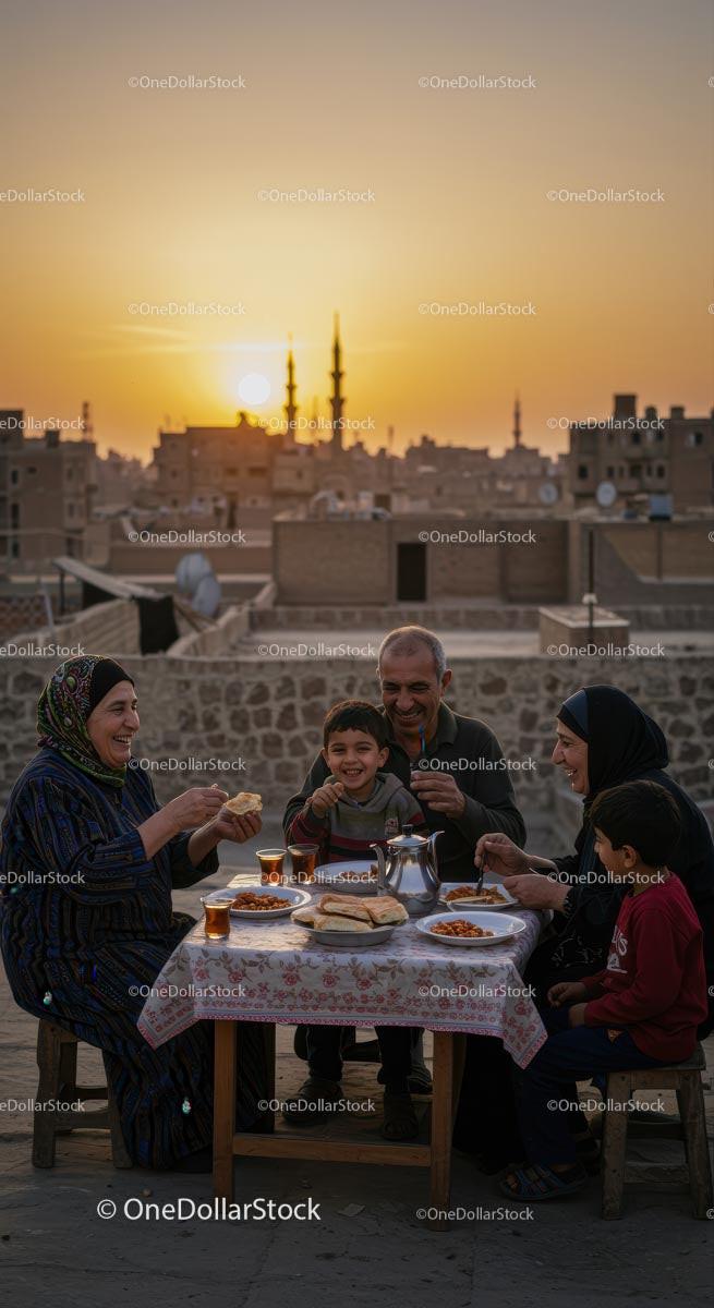 Family Enjoying Rooftop Dinner at Sunset