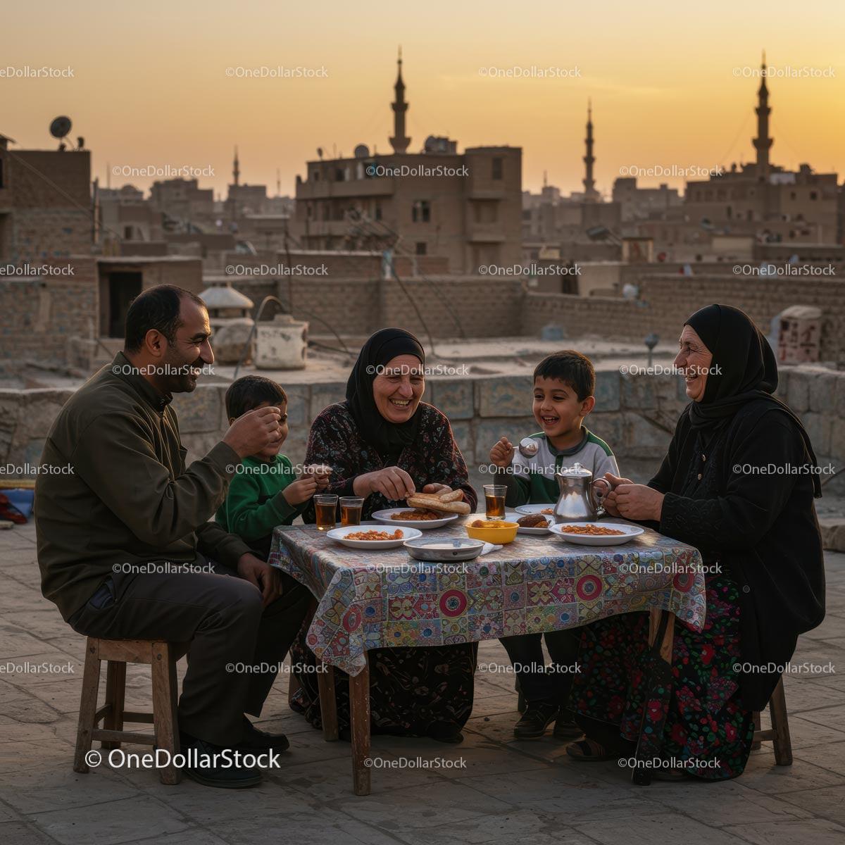 Family Enjoying Rooftop Dinner at Sunset