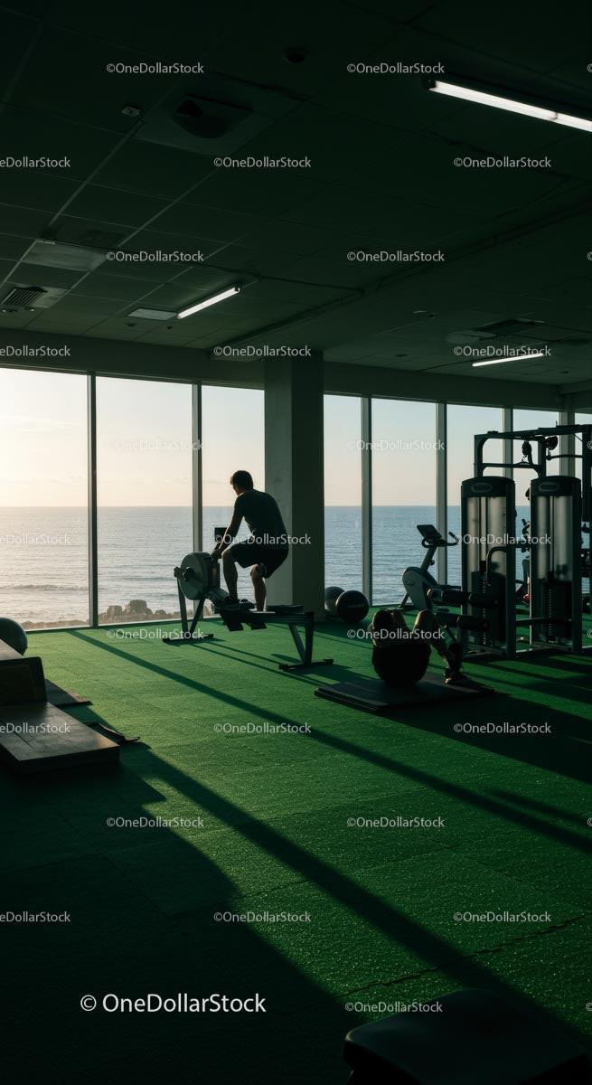Man Rowing in Gym with Ocean View at Sunset
