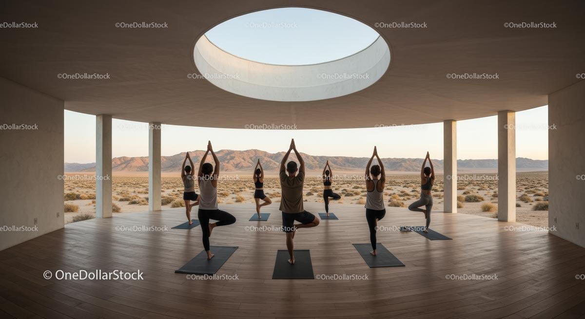 Yoga Group Practicing in Modern Desert Pavilion