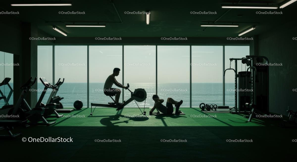 Silhouettes Working Out in Gym with Ocean View