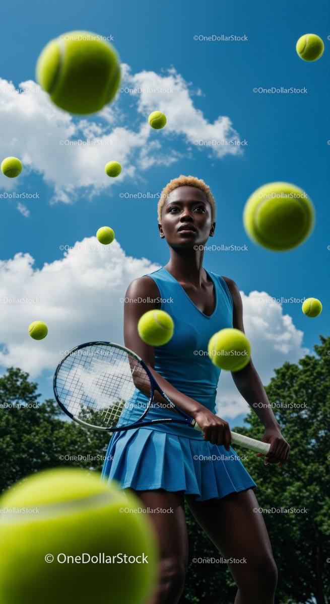 Dynamic Tennis Player Surrounded by Tennis Balls