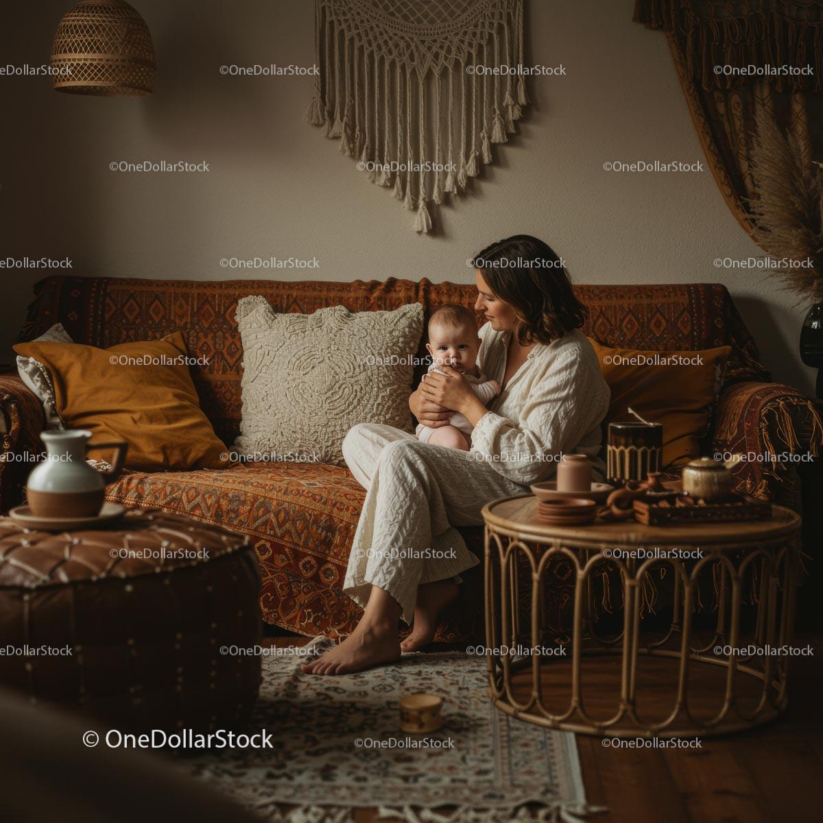 Mother Holding Baby in Cozy Bohemian Living Room