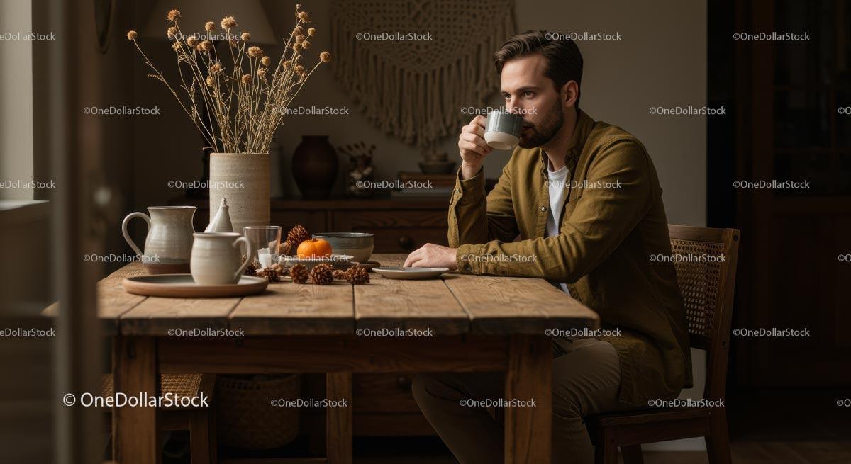 Man Enjoying Coffee in Cozy Rustic Kitchen