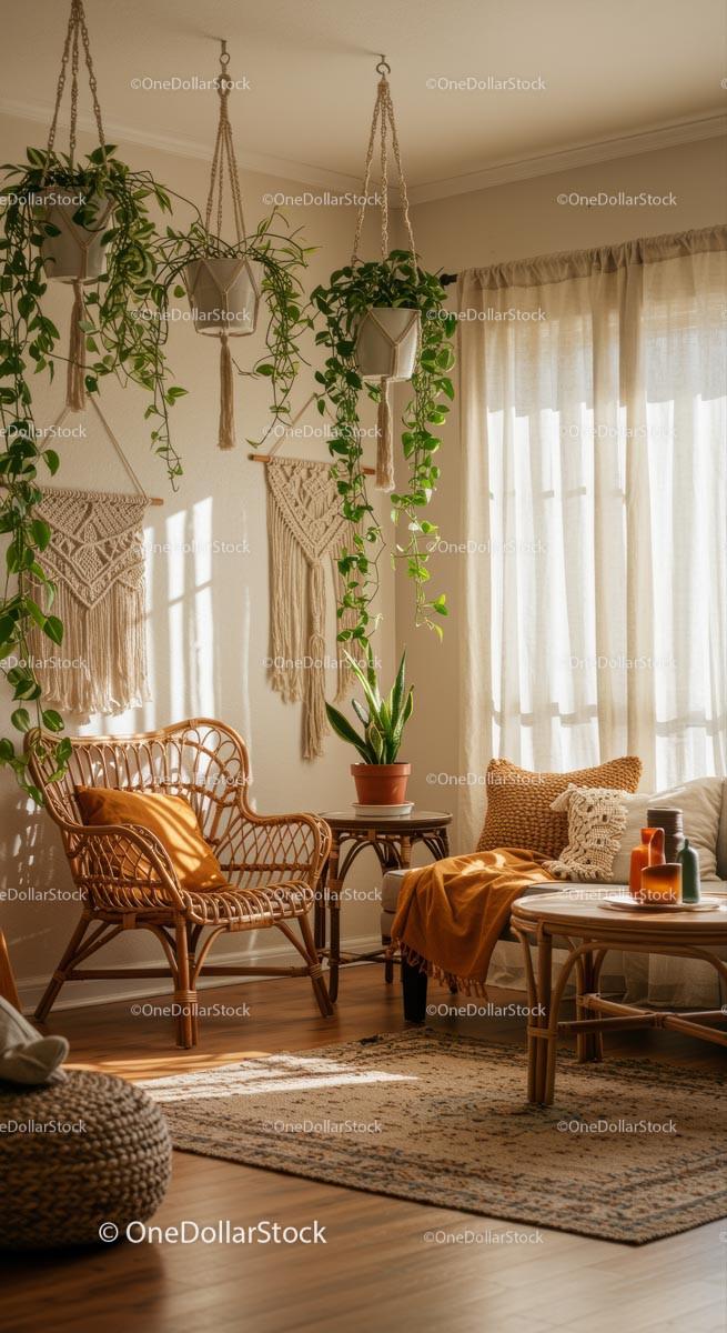 Cozy Bohemian Living Room with Wicker and Greenery Stock Photo Bundle preview